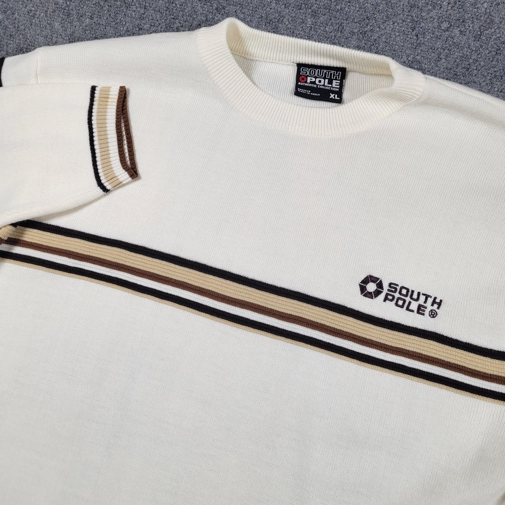 Vintage Southpole Sweater Men XL White Stripe Knit Crewneck Pullover Logo Casual